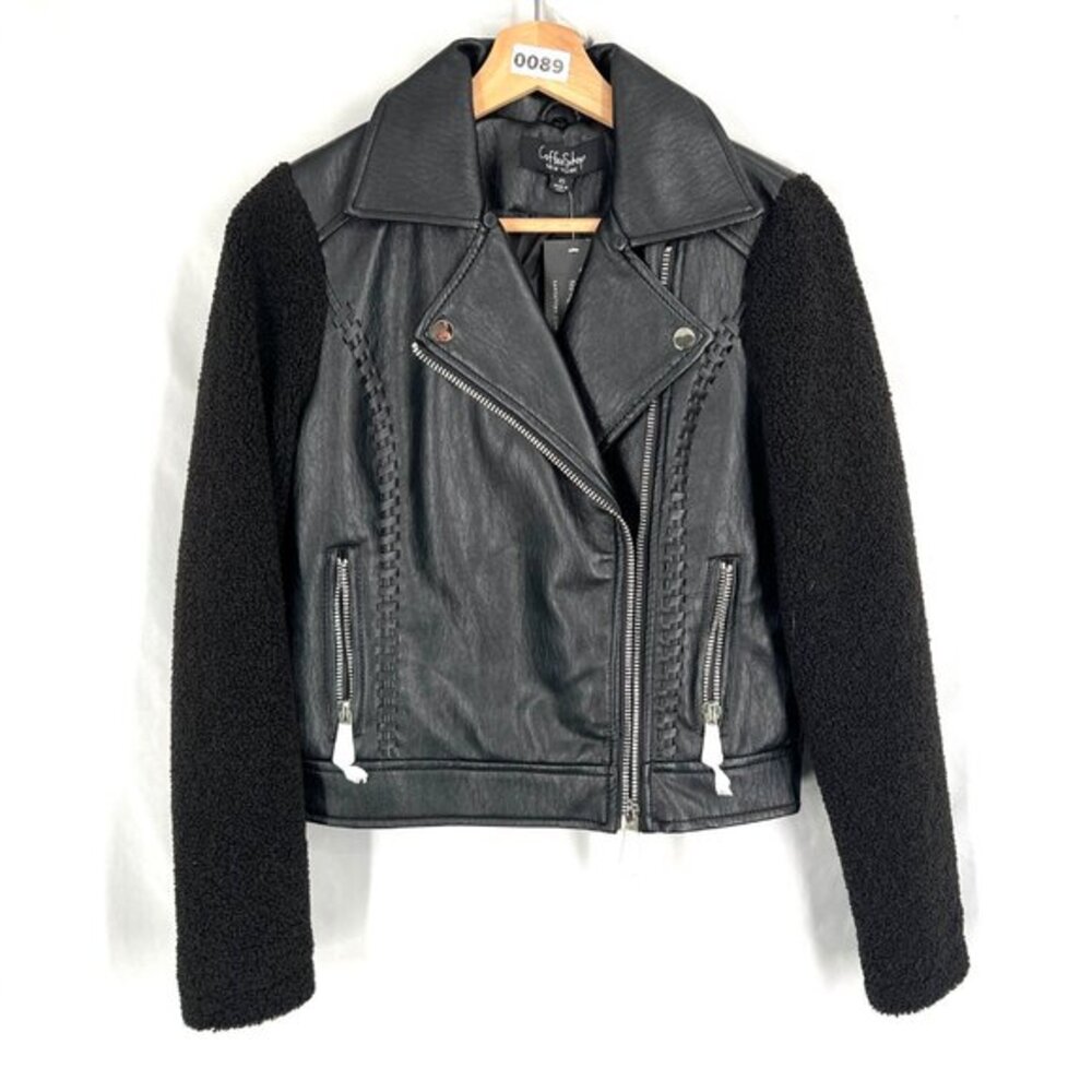 NEW Coffee shop vegan leather moto jacket biker motorcycle black sherpa XS